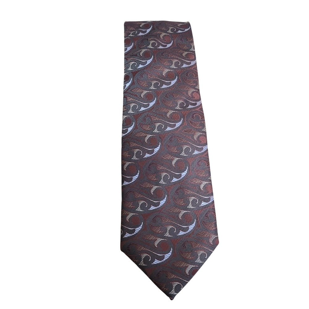 Roberto Villini Couture Mens Tie Brown Silver‎ Abstract Paisley Woven Silk Blend